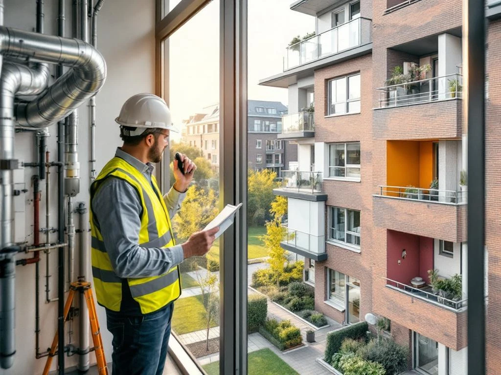 Bouwkundig inspecteur controleert installaties in Nederlandse sociale woningbouw met kleurrijke galerijen