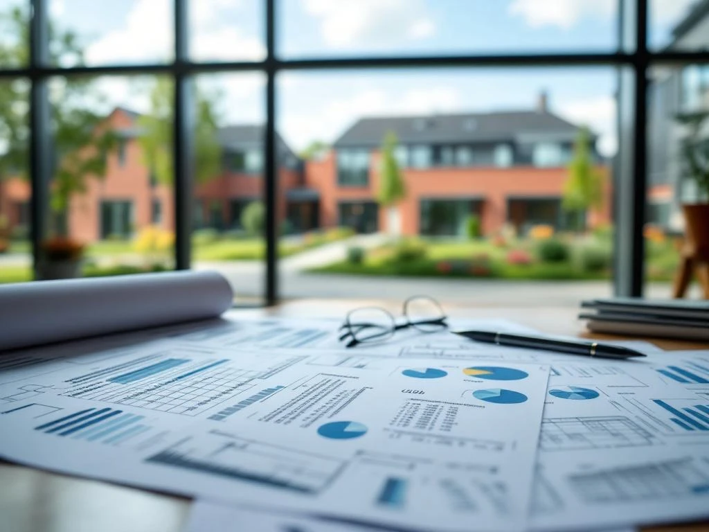 Onderhoudsschema's en bouwplannen op bureau met moderne Nederlandse zorginstelling op achtergrond