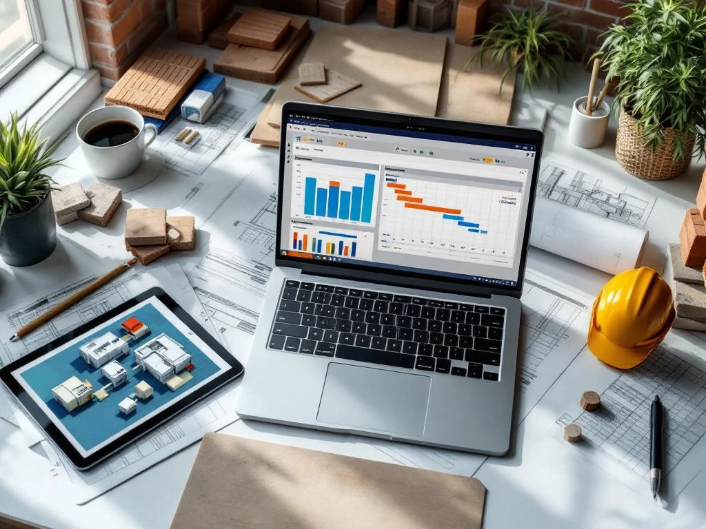 Laptop met onderhoudsplanning software, blauwdrukken en tablet op modern bureau met Nederlandse bouwmaterialen