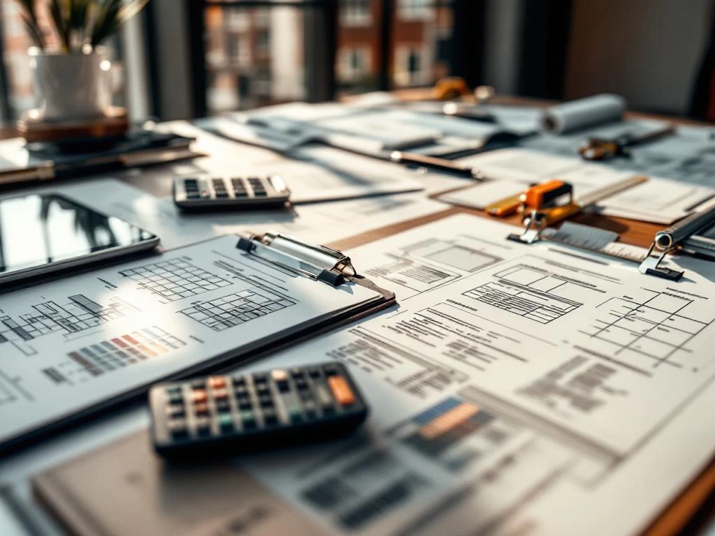 Onderhoudsformulieren en bouwplannen op houten bureau met rekenmachine en meetgereedschap, Nederlandse sociale woningbouw zichtbaar