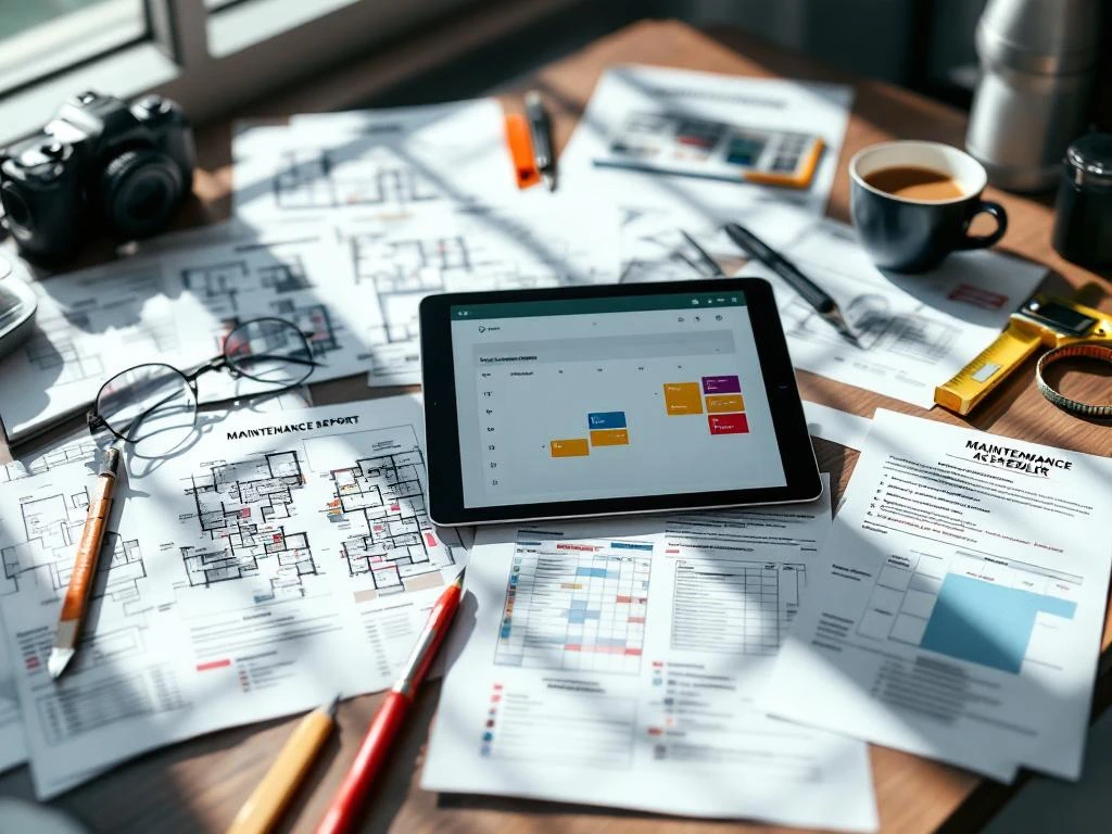 Professionele onderhoudsplanning werkruimte met technische rapporten, onderhoudsschema's en tablet op houten bureau