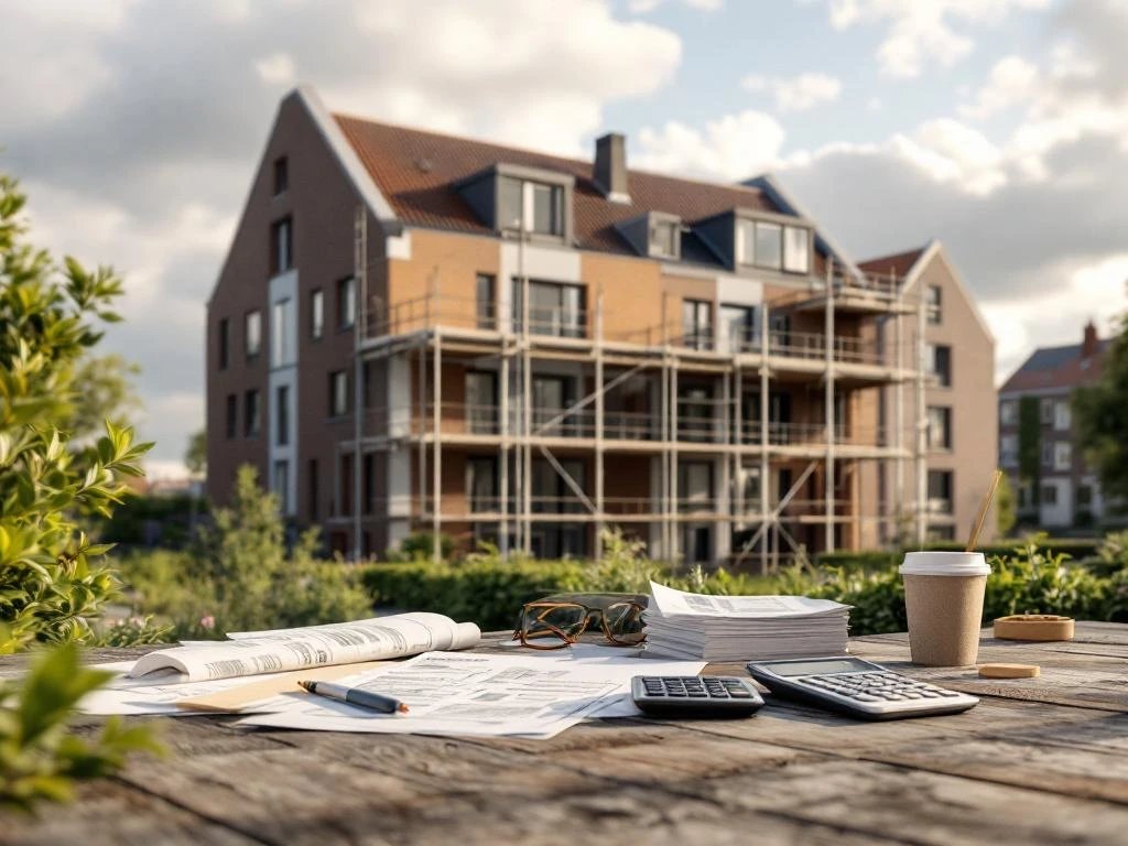 Nederlandse galerijflat in renovatie met steiger, bouwmaterialen en financiële documenten op houten planken