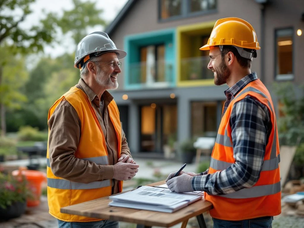 Nederlandse galerijflat tijdens renovatie met bewoner en bouwbegeleider in gesprek op galerij, bouwsteigers zichtbaar