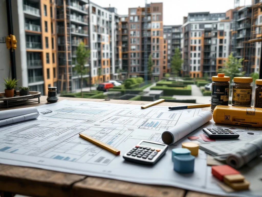 Renovatie van Nederlandse sociale woningbouw met blauwdrukken, steigers en bouwmaterialen in Noord-Nederlandse woonwijk