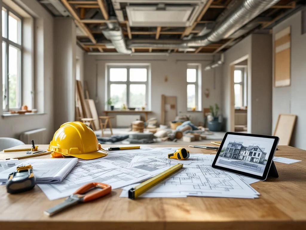 Projectmanager werkplek met bouwplannen, helm en tablet tijdens renovatie Nederlandse sociale woningbouw