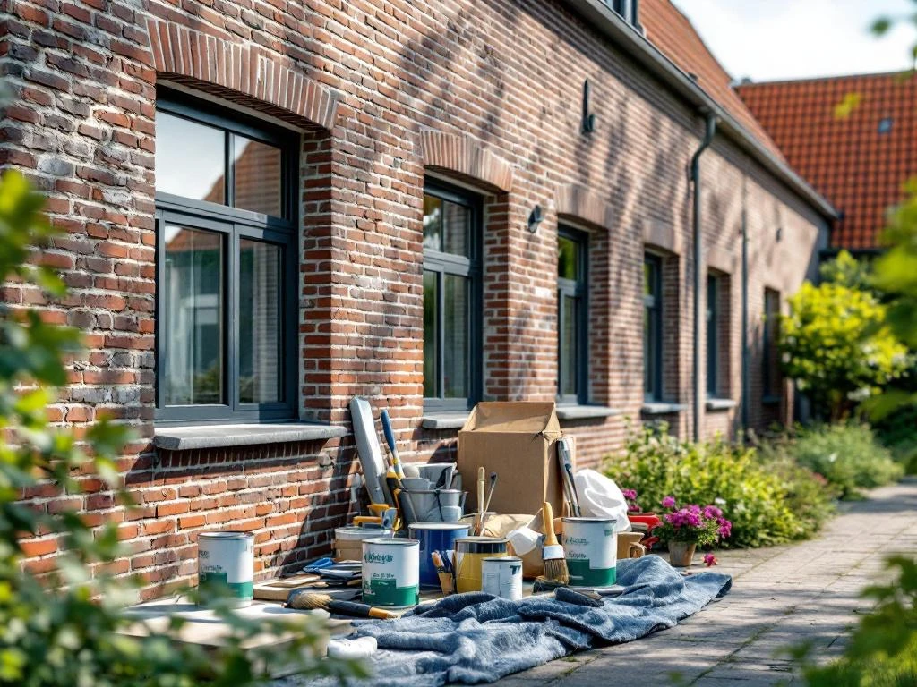 Nederlandse schoolgebouw met verweerde bakstenen muren, moderne ramen en onderhoudsgereedschap op de voorgrond