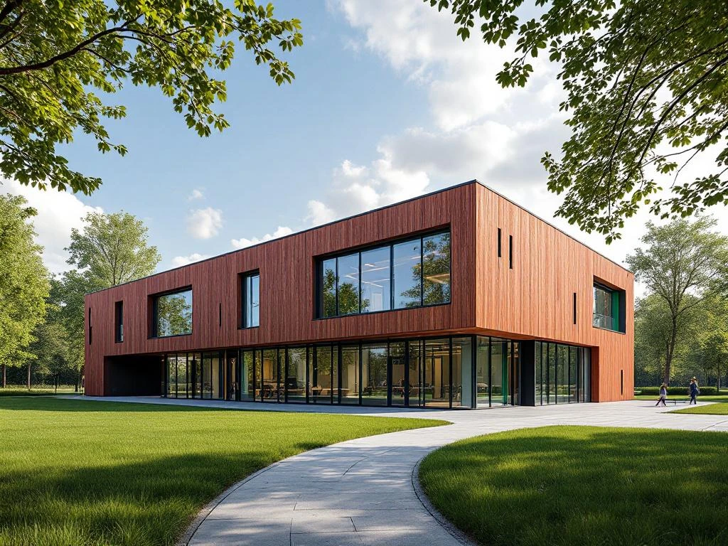 Modern Nederlands schoolgebouw met rode bakstenen en glas, bouwplannen op voorgrond, groene omgeving met bomen