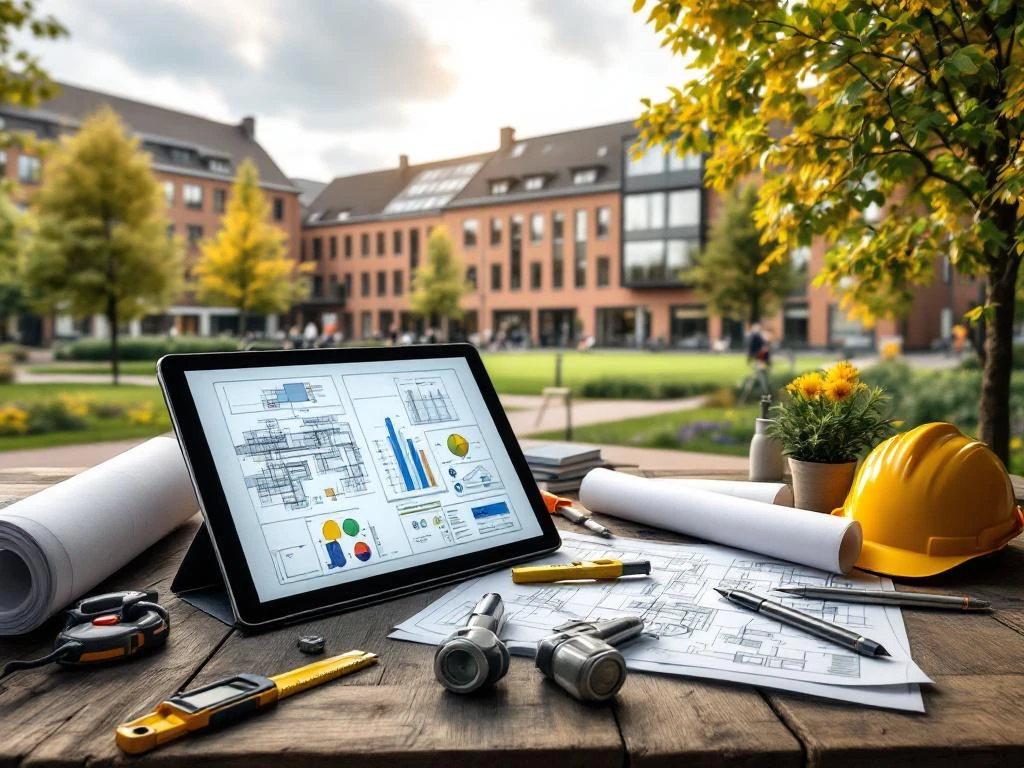 Moderne Nederlandse schoolgebouw met bakstenen gevel en tablet met onderhoudsplannen op bureau met bouwgereedschap