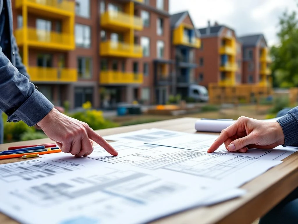 Bouwvergadering met blauwdrukken en kwaliteitscontrole bij Nederlandse sociale woningbouw project met galerijflat