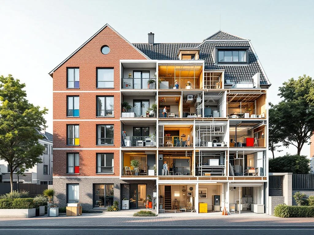 Dwarsdoorsnede van moderne Nederlandse sociale woningbouw met zichtbare gevel en interne systemen voor onderhoud