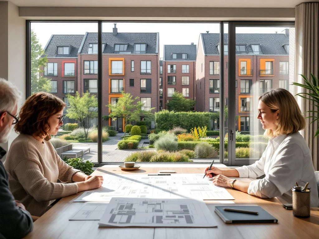 Bewoners bespreken onderhoudsplannen in gemeenschapsruimte met uitzicht op Nederlandse sociale woningbouw complex