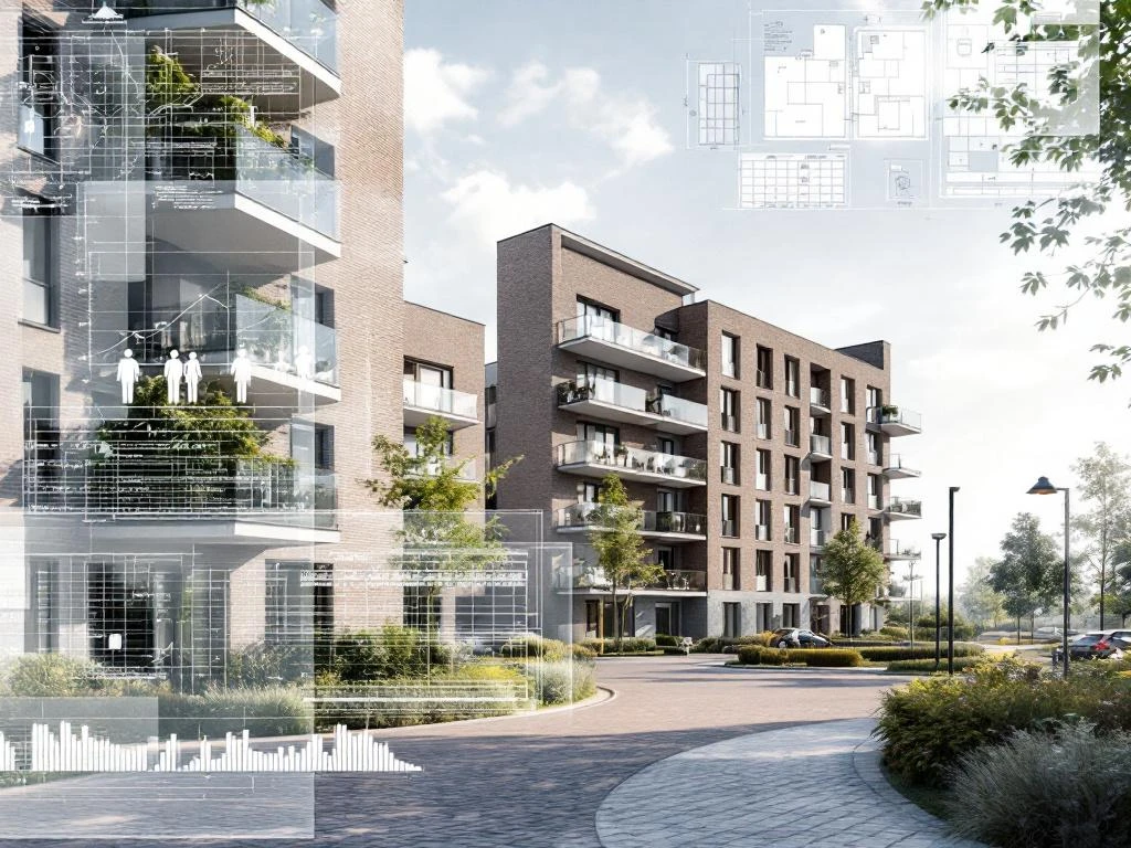 Moderne Nederlandse sociale woningbouw met transparante overlay van technische tekeningen en onderhoudsplannen