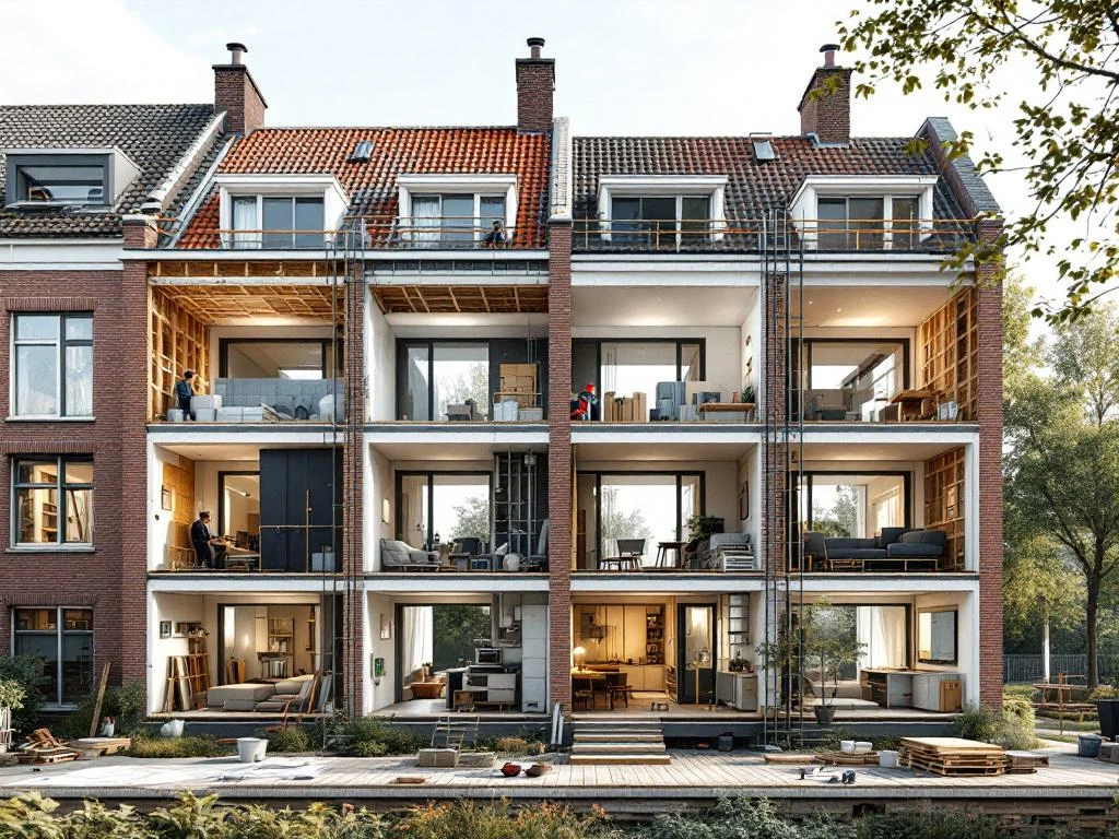 Doorsnede van Nederlandse sociale woningbouw renovatie met isolatie, ventilatie en moderne installaties in jaren 70 flatgebouw