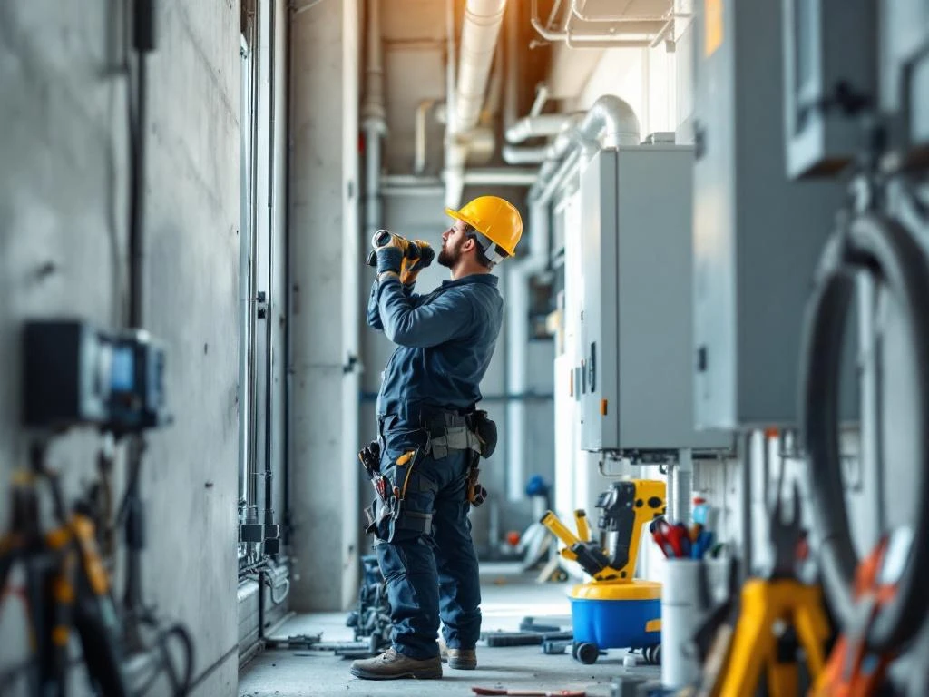 Vakkundige handen installeren HVAC-systemen en elektrische panelen in modern Nederlands gebouw met professionele gereedschappen