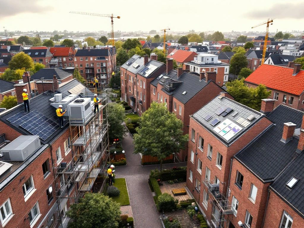 Luchtfoto van Nederlandse sociale woningbouw met renovatiewerken, zonnepanelen en bouwmanagers die kostenanalyses bekijken