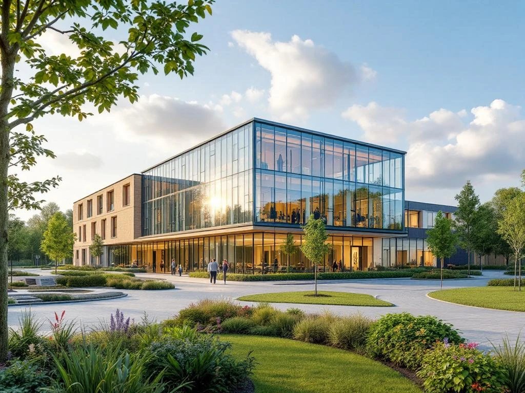 Modern Nederlands zorggebouw met glazen gevel en bakstenen accenten, rolstoeltoegankelijke ingang en groene tuin