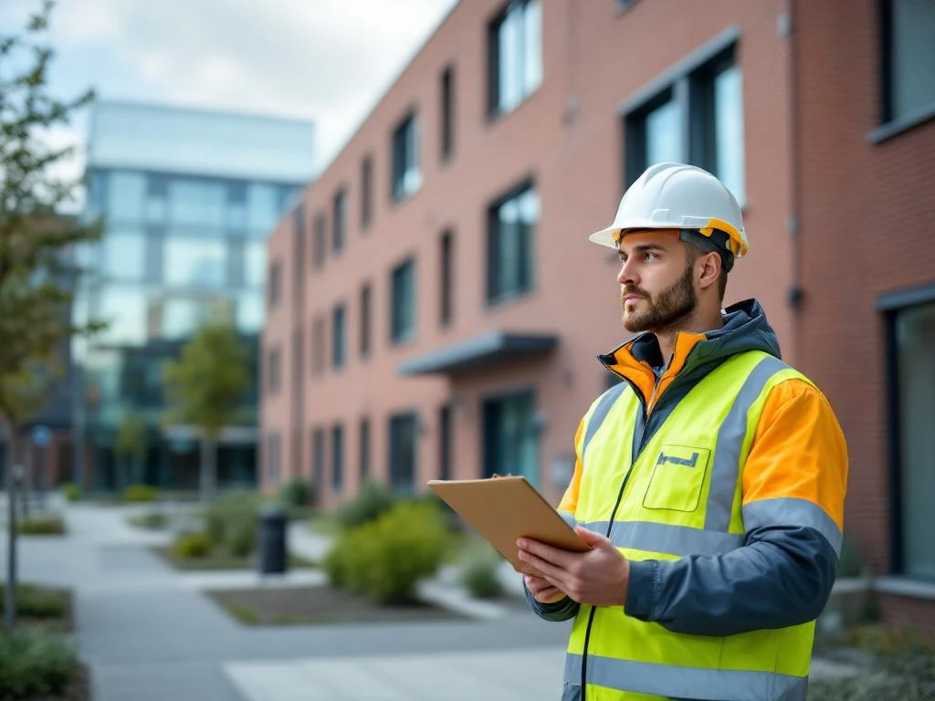Bouwkundige inspecteur controleert moderne Nederlandse zorginstelling met bakstenen gevel en groene accenten