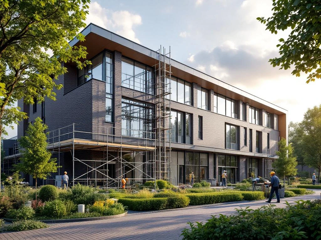 Moderne Nederlandse zorggebouw met onderhoudswerk, steigers en gereedschap zichtbaar tegen groene landschapsarchitectuur