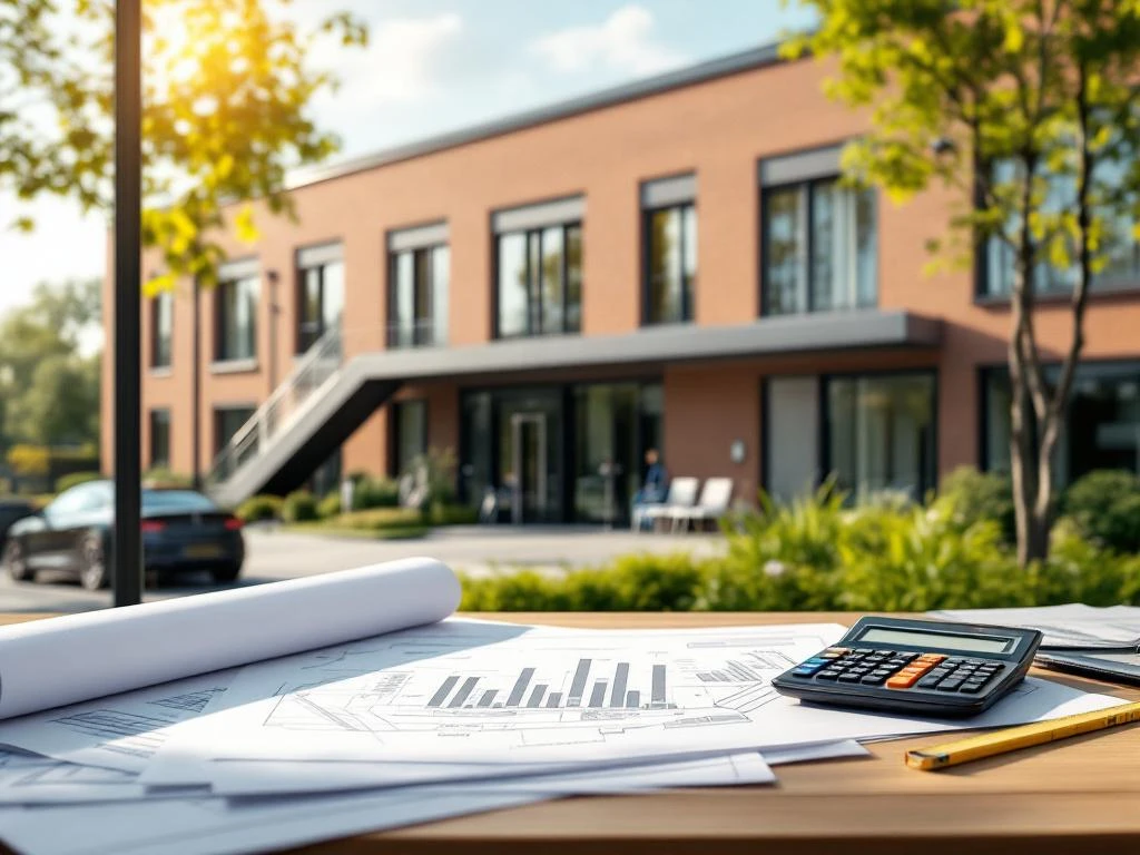 Moderne Nederlandse zorginstelling met bakstenen gevel en glazen elementen, architecturale tekeningen en kostenberekeningen op voorgrond