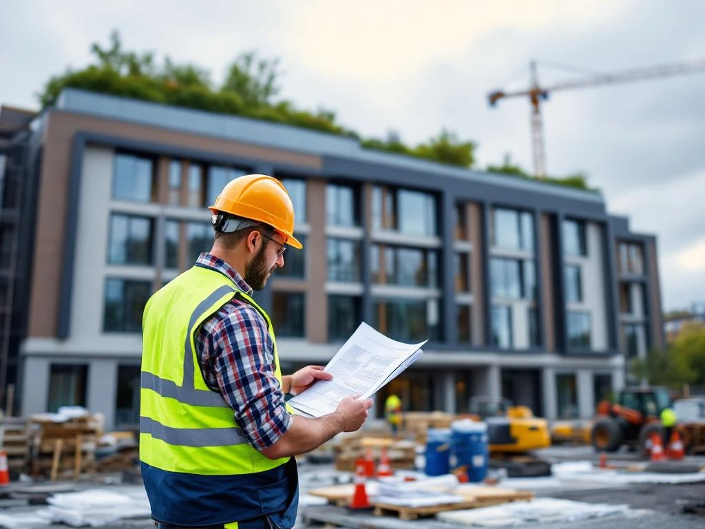 Bouwmanager raadpleegt blauwdrukken bij moderne zorginstelling in aanbouw in Noord-Nederland met duurzame materialen