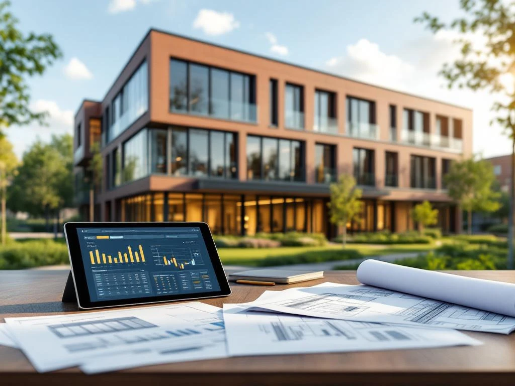 Moderne Nederlandse zorginstelling met baksteen en glas architectuur, onderhoudsplannen en blauwdrukken op bureau