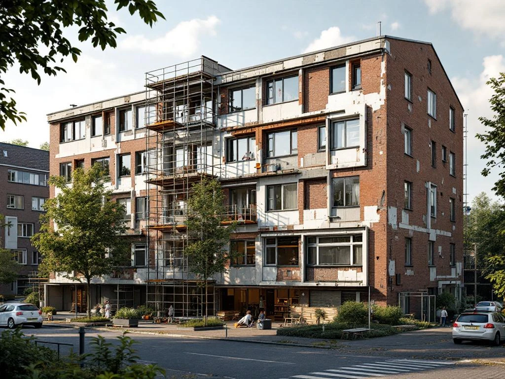 Nederlandse zorginstelling met rode bakstenen gevel, onderhoudswerk en steigers, omgeven door groen landschap