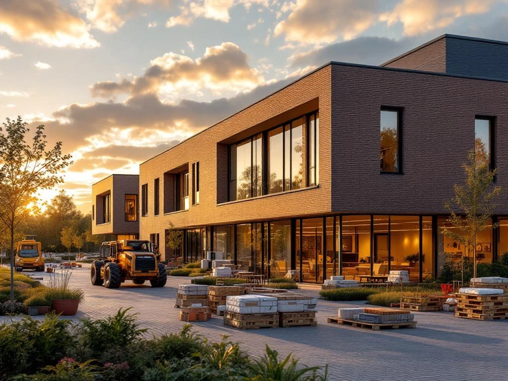 Moderne Nederlandse zorginstelling met bakstenen gevel en glazen ramen tijdens gouden uur, bouwmaterialen op voorgrond