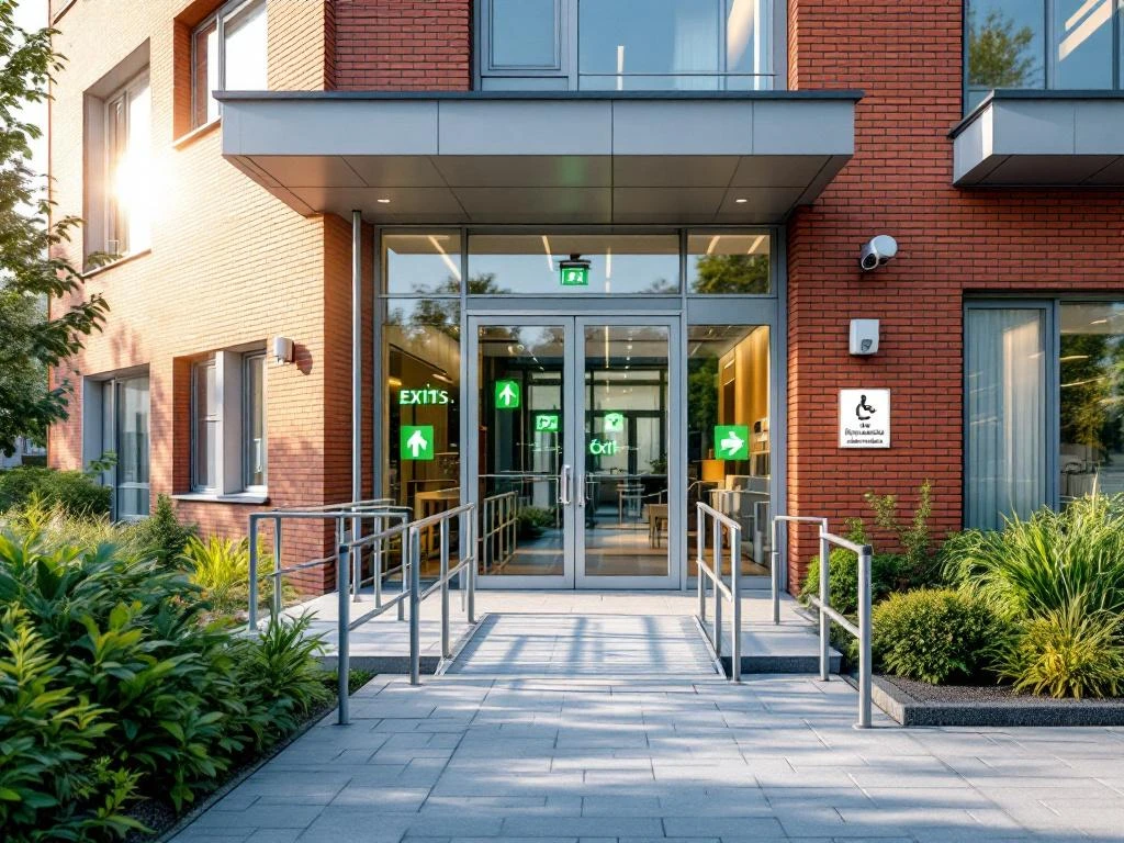 Modern Nederlands ziekenhuis met veiligheidsvoorzieningen, nooduitgangen, toegankelijke hellingen en groene buitenruimte