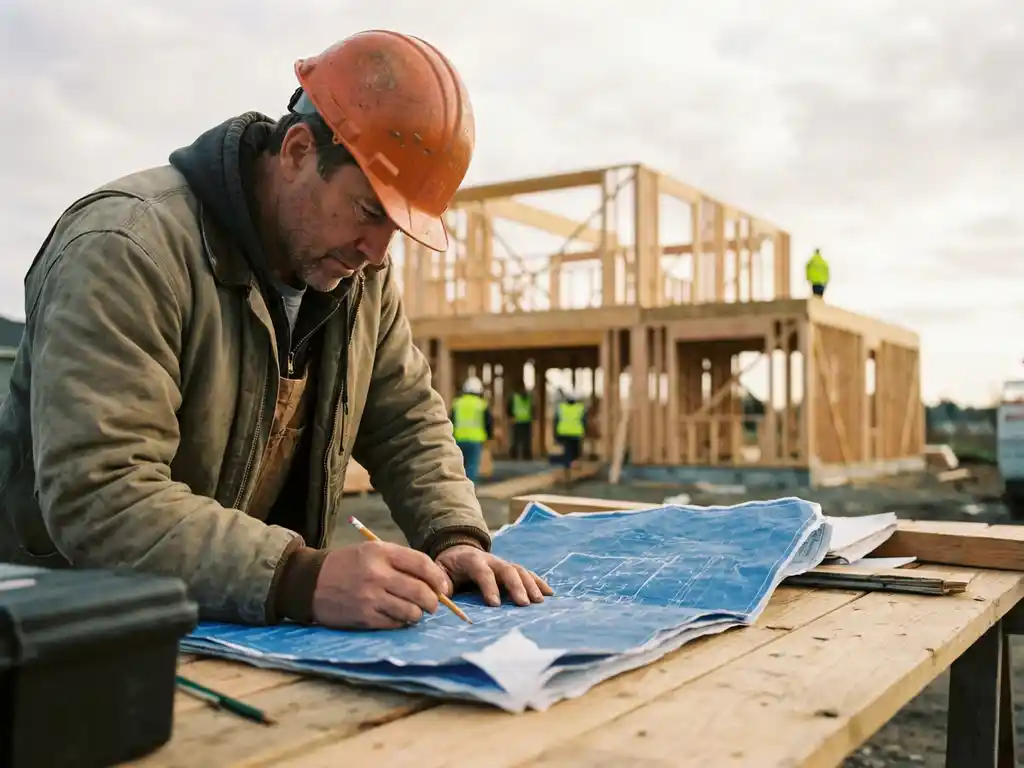 Architect in veiligheidshelm bestudeert bouwplannen op houten bureau met moderne woningbouw op achtergrond