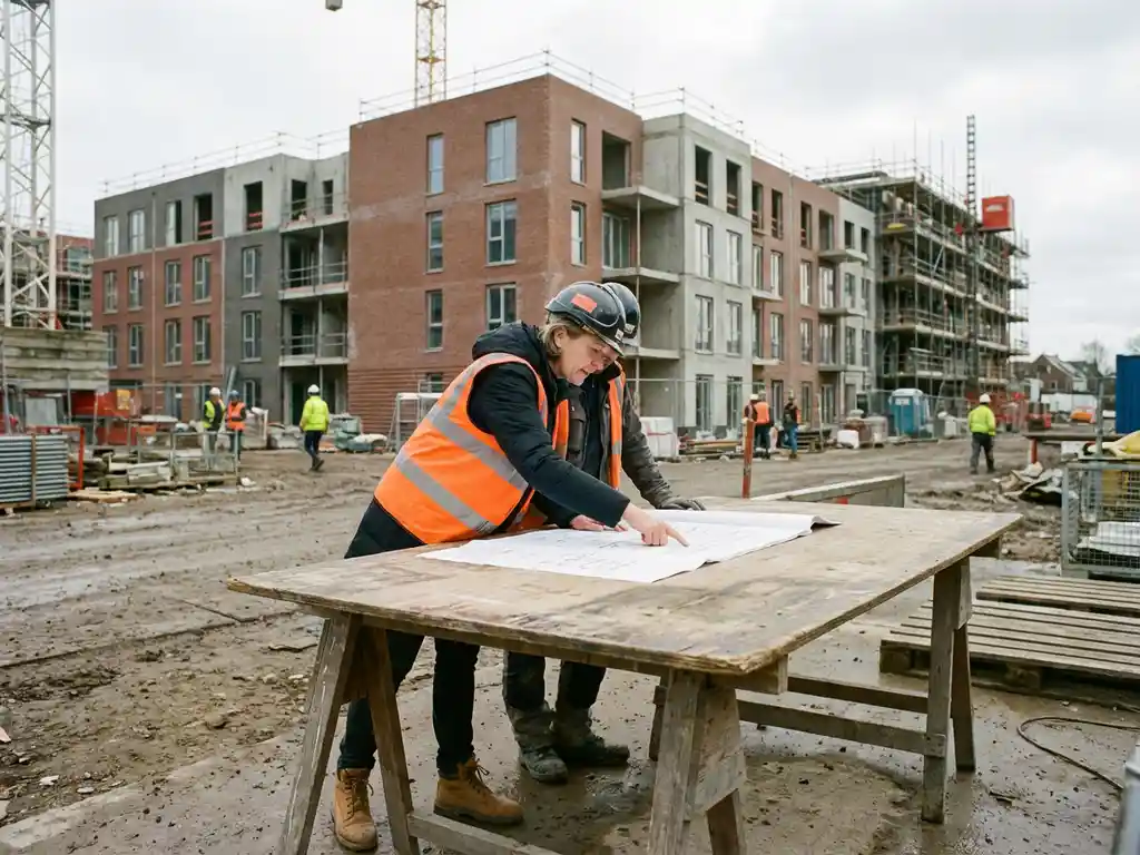Architect in veiligheidsvest bestudeert bouwplannen aan houten tafel op bouwplaats met sociale woningbouw op achtergrond