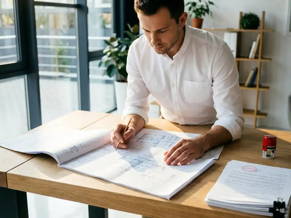 Architect in wit overhemd bestudeert bouwplannen op eiken bureau met gemeentelijke vergunning en officiële documenten