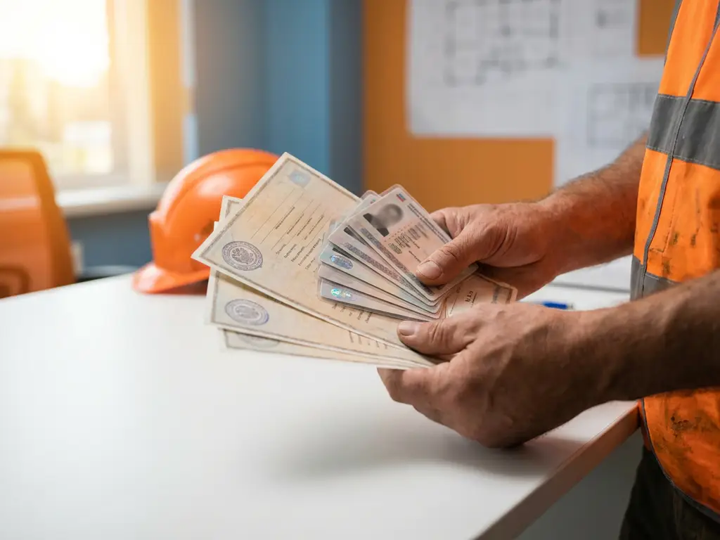 Bouwvakker toont waaier van officiële certificaten en veiligheidspassen, oranje helm en vest op achtergrond