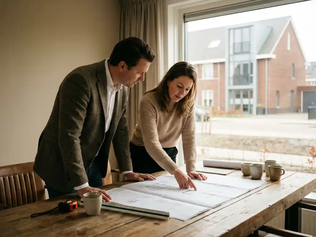 Bouwadviseur en huiseigenaar bespreken architecturale blauwdrukken op houten bureau met Nederlands woonhuis op achtergrond