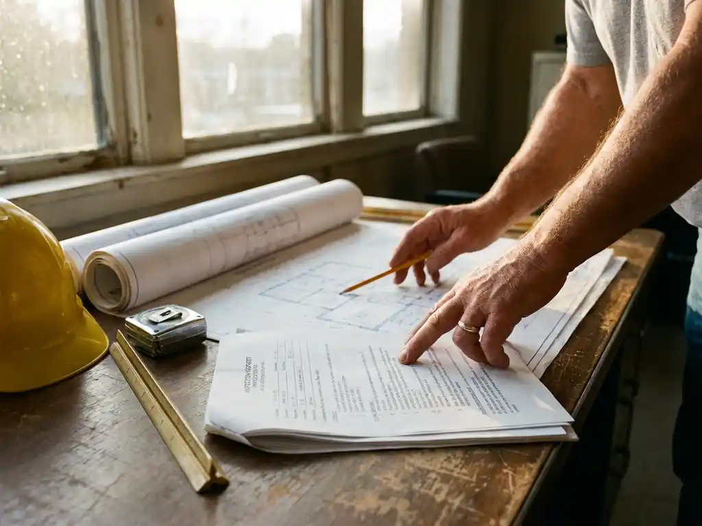 Handen van bouwadviseur organiseren architecturale blauwdrukken en inspectierapporten op houten bureau met gele veiligheidshelm en meetgereedschap