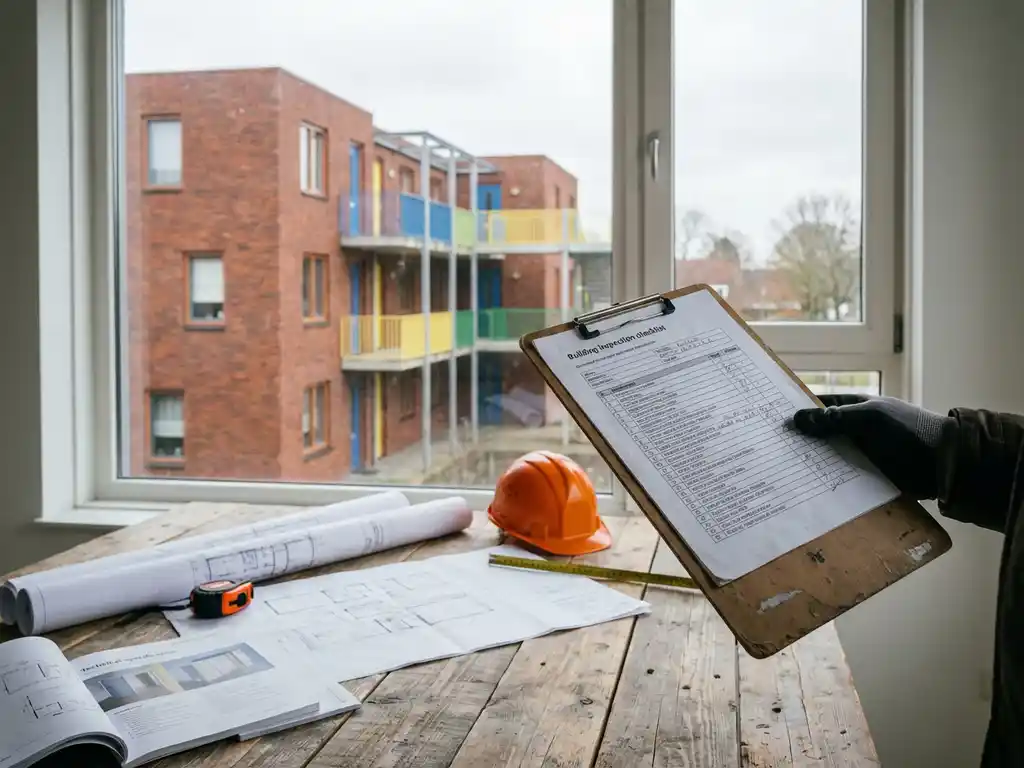 Architect houdt bouwkundige inspectiechecklist vast bij modern Nederlands sociaal wooncomplex met rode bakstenen gevels en kleurrijke galerijen