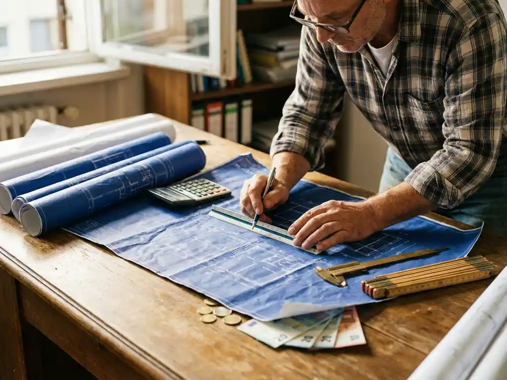 Bouwprofessional bestudeert architecturale blauwdrukken op houten bureau met rekenmachine, meetgereedschap en geld eronder