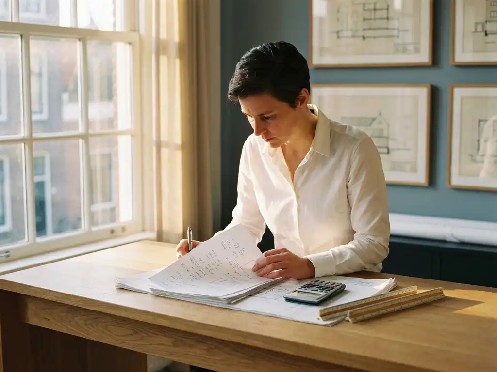 Architect in wit overhemd bestudeert bouwkostenberekeningen op eiken bureau met rekenmachine en meetgereedschap