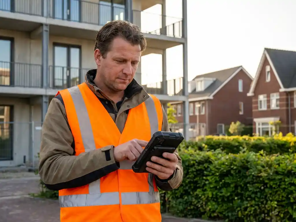 Bouwvakker in oranje veiligheidsvest met rekenmachine bij modern appartementencomplex in Nederlandse woonwijk