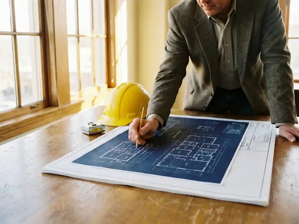 Bouwconsultant bestudeert architecturale tekeningen op houten bureau met potlood, helm en meetgereedschap in natuurlijk kantoorlicht