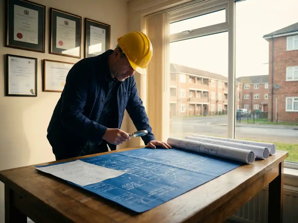 Bouwkundig adviseur in helm bestudeert blauwdrukken op houten bureau, certificaten zichtbaar, Nederlandse kantooromgeving met sociale woningbouw op achtergrond