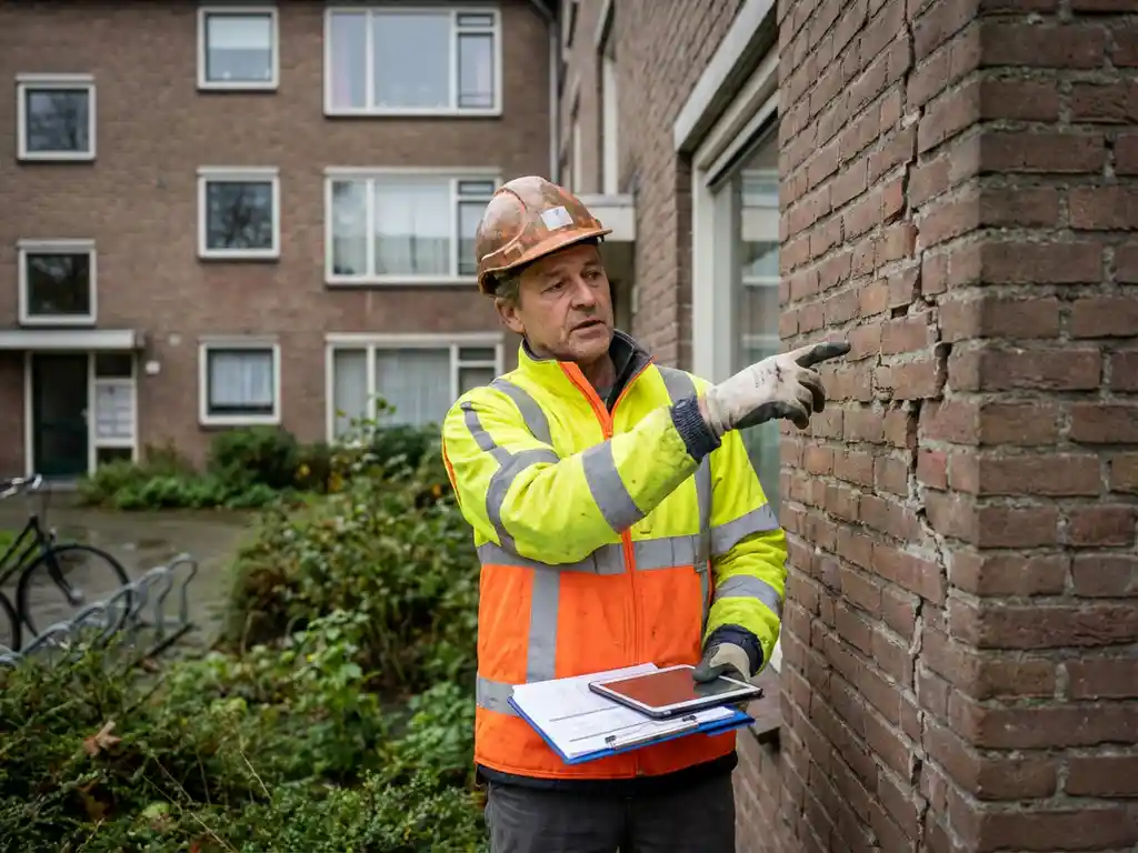 Bouwvakker in veiligheidsvest inspecteert scheuren in voegwerk van verweerde bakstenen appartementencomplex met documenten in hand