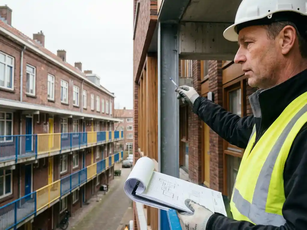 Bouwkundig inspecteur in veiligheidskleding onderzoekt moderne sociale woningbouw met architecturale tekeningen in Nederlandse bakstenen flatgebouw
