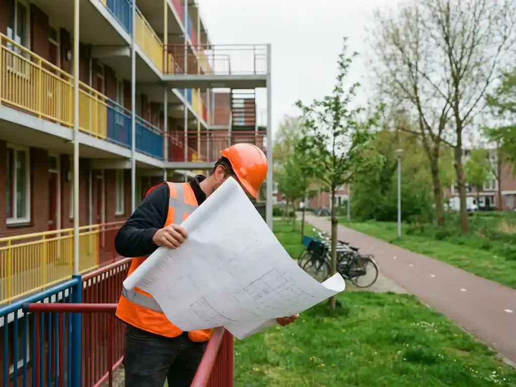 Bouwkundig inspecteur in veiligheidsvest bestudeert blauwdrukken bij moderne Nederlandse sociale woningbouw met rode bakstenen en kleurrijke galerijen