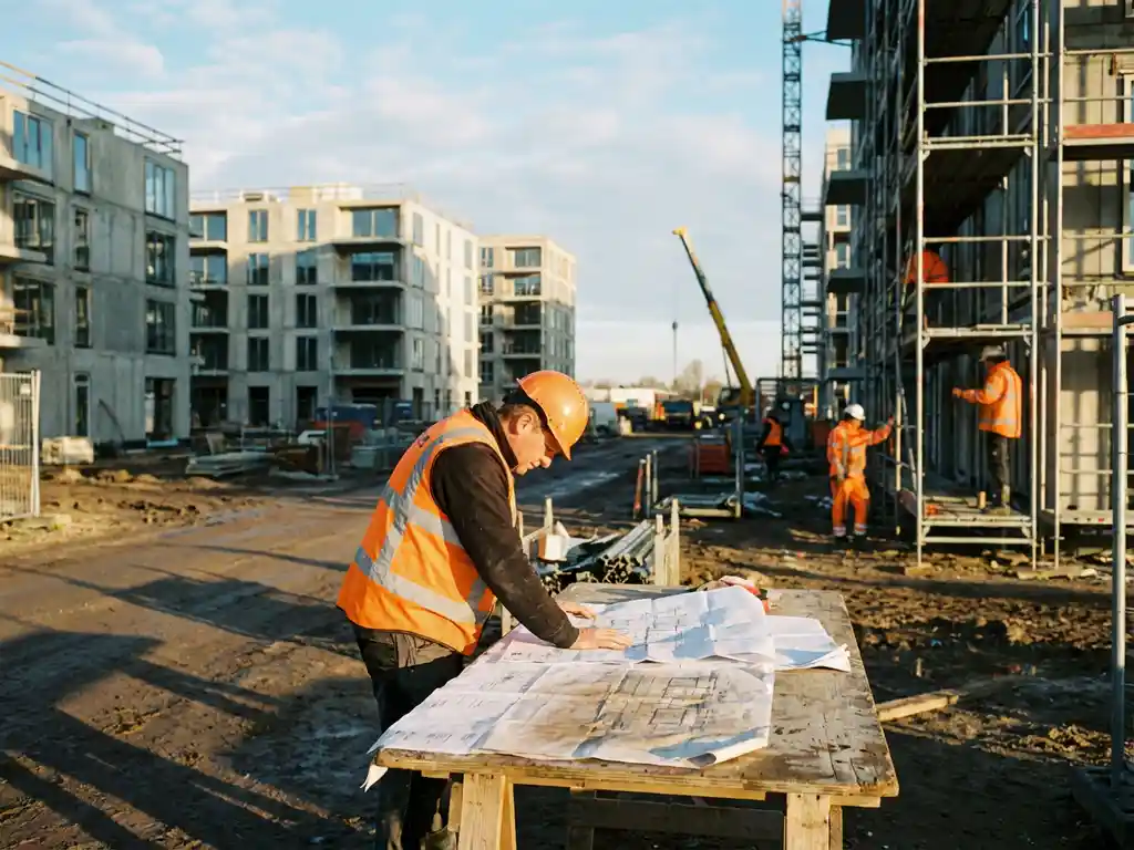 Bouwvakker in oranje veiligheidsvest bestudeert blauwdrukken op houten tafel bij Nederlandse bouwplaats met appartementen