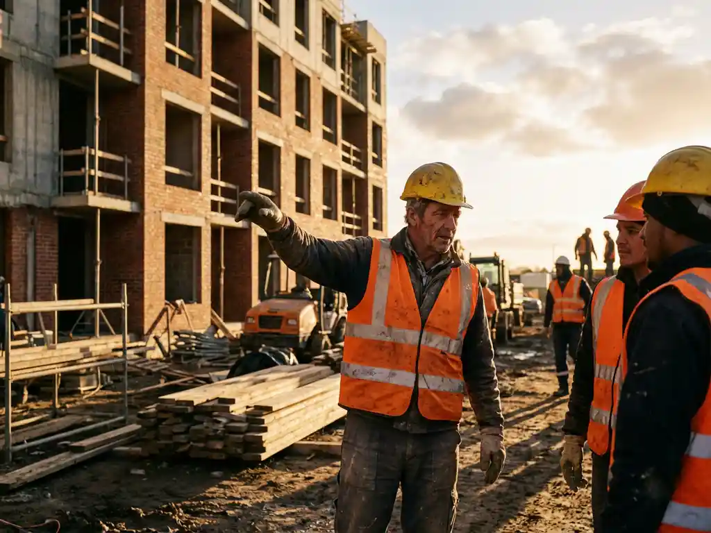 Bouwplaatsleider in helm wijst naar socialewoningbouw terwijl arbeiders in veiligheidskleding luisteren tijdens gouden uur
