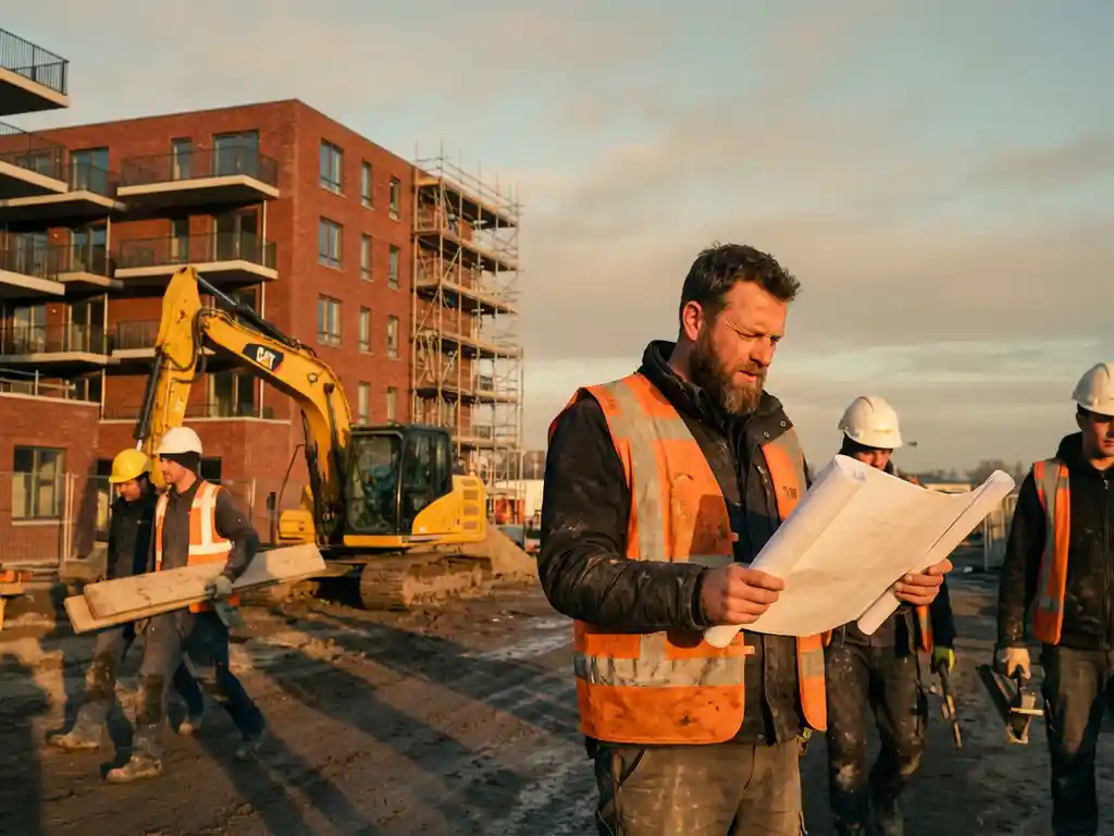 Bouwvakker in oranje veiligheidsvest bestudeert bouwplannen bij zonsopgang op Nederlandse bouwplaats met graafmachine