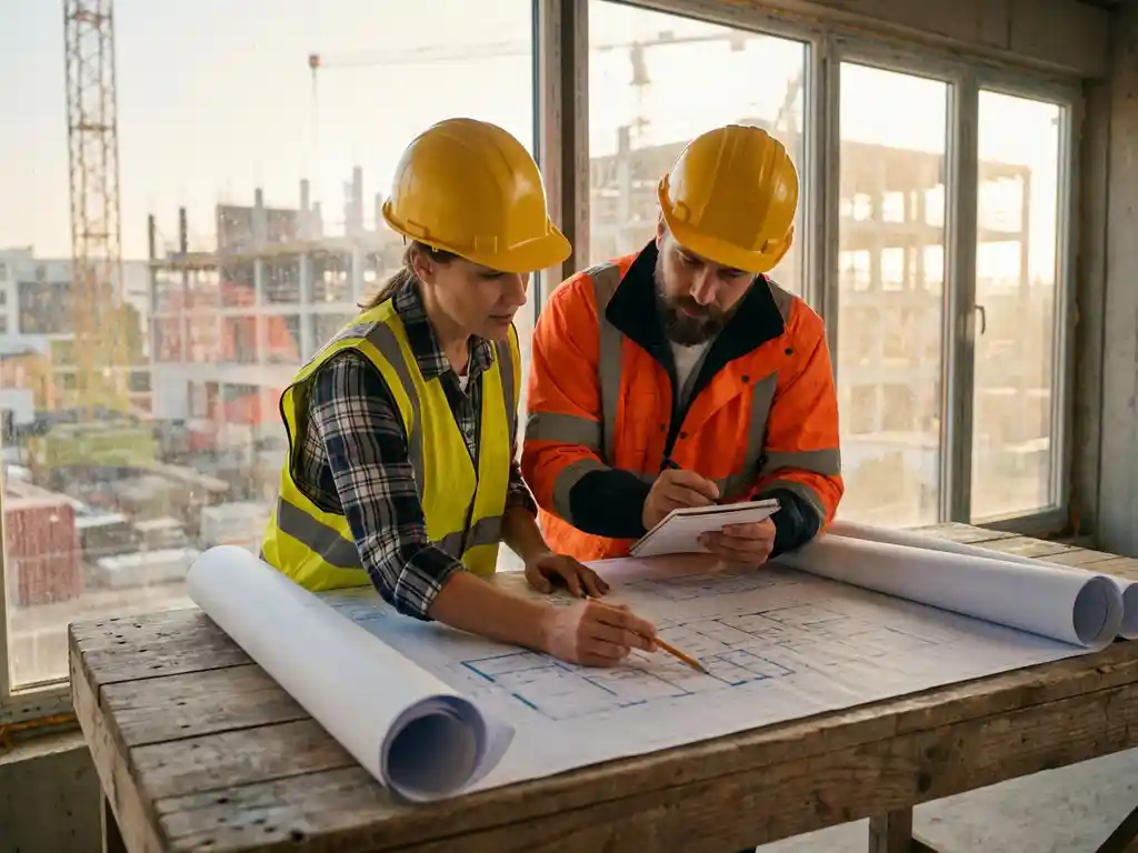 Twee professionals in helmen bestuderen bouwplannen op houten tafel, bouwplaats zichtbaar door ramen op achtergrond
