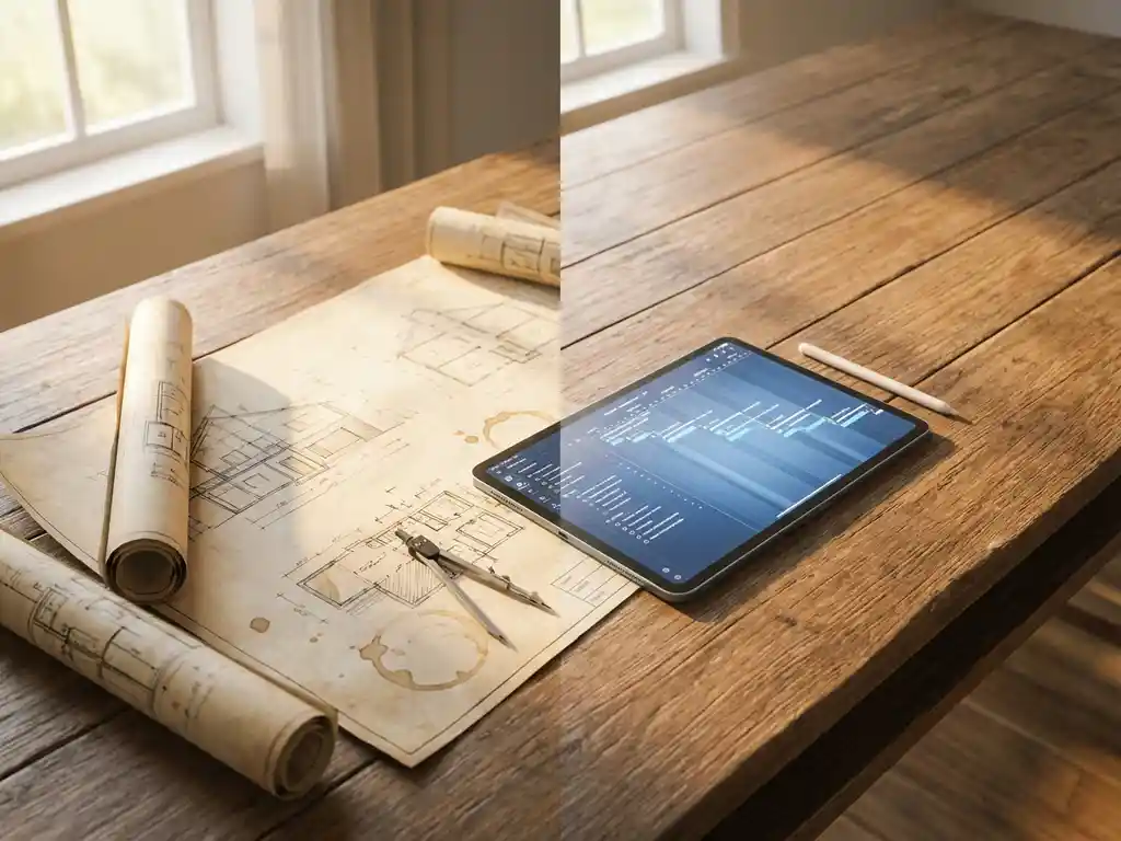 Houten bureau met architecturale blauwdrukken naast tablet met projectmanagement software, warme natuurlijke verlichting