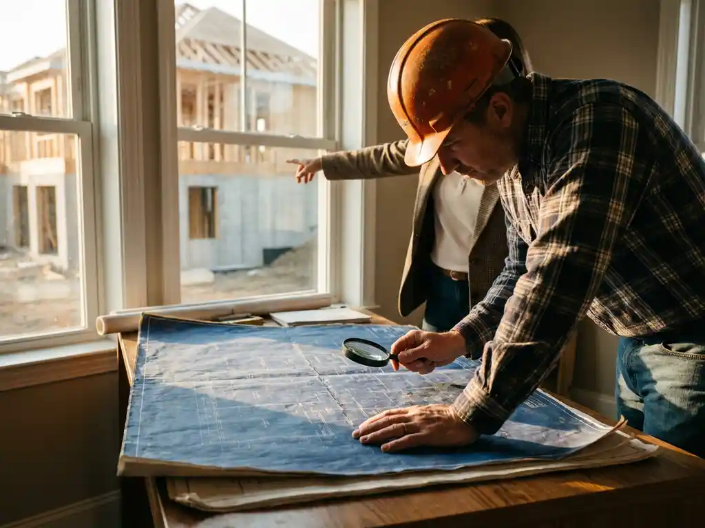 Bouwprofessional in helm bestudeert architecturale blauwdrukken op houten bureau terwijl consultant wijst naar woonbouw buiten raam