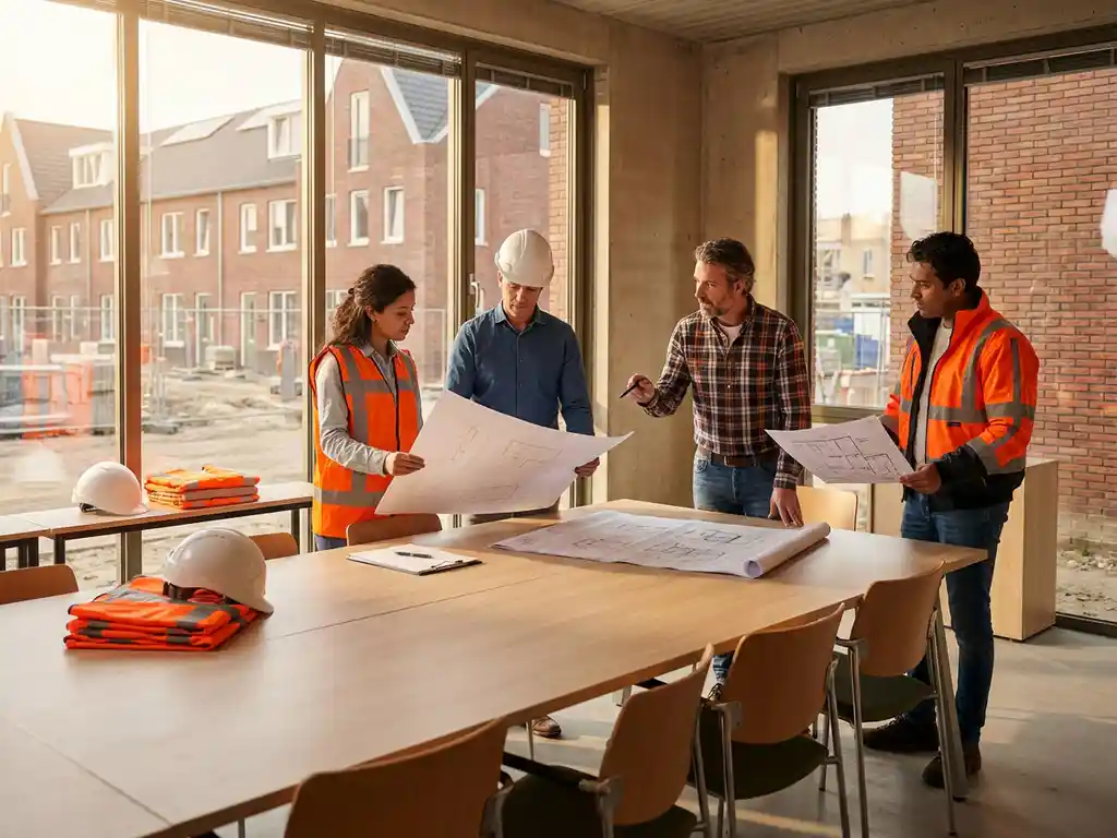 Bouwprofessionals bespreken architecturale tekeningen aan conferentietafel met helmen en veiligheidsvesten, Nederlandse woningbouw op achtergrond